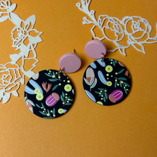 Botanical Garden Acrylic Drop Earrings - Pink & Black