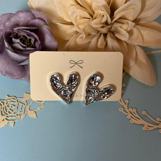Liquid Metal Heart Stud Earrings - Silver