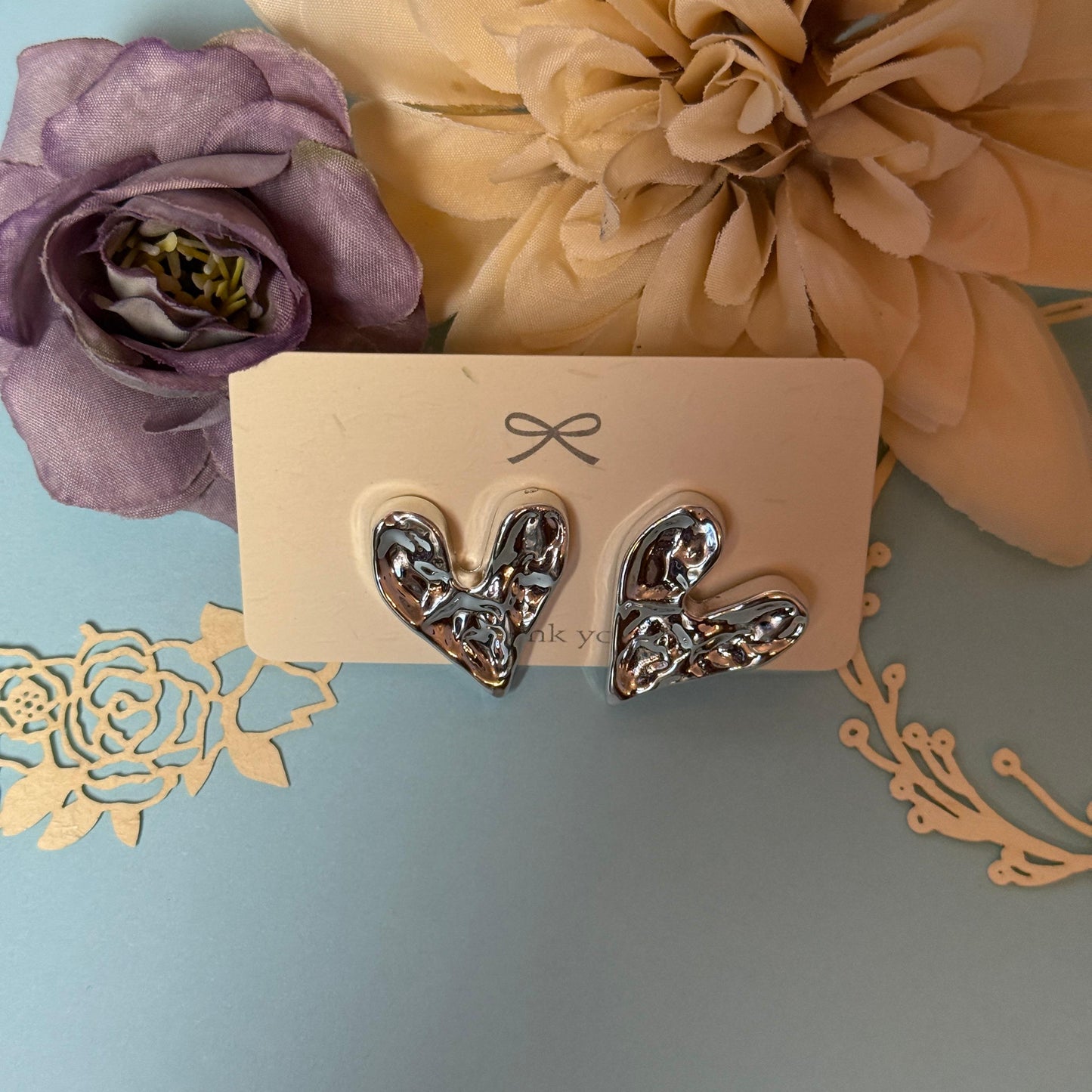 Liquid Metal Heart Stud Earrings - Silver