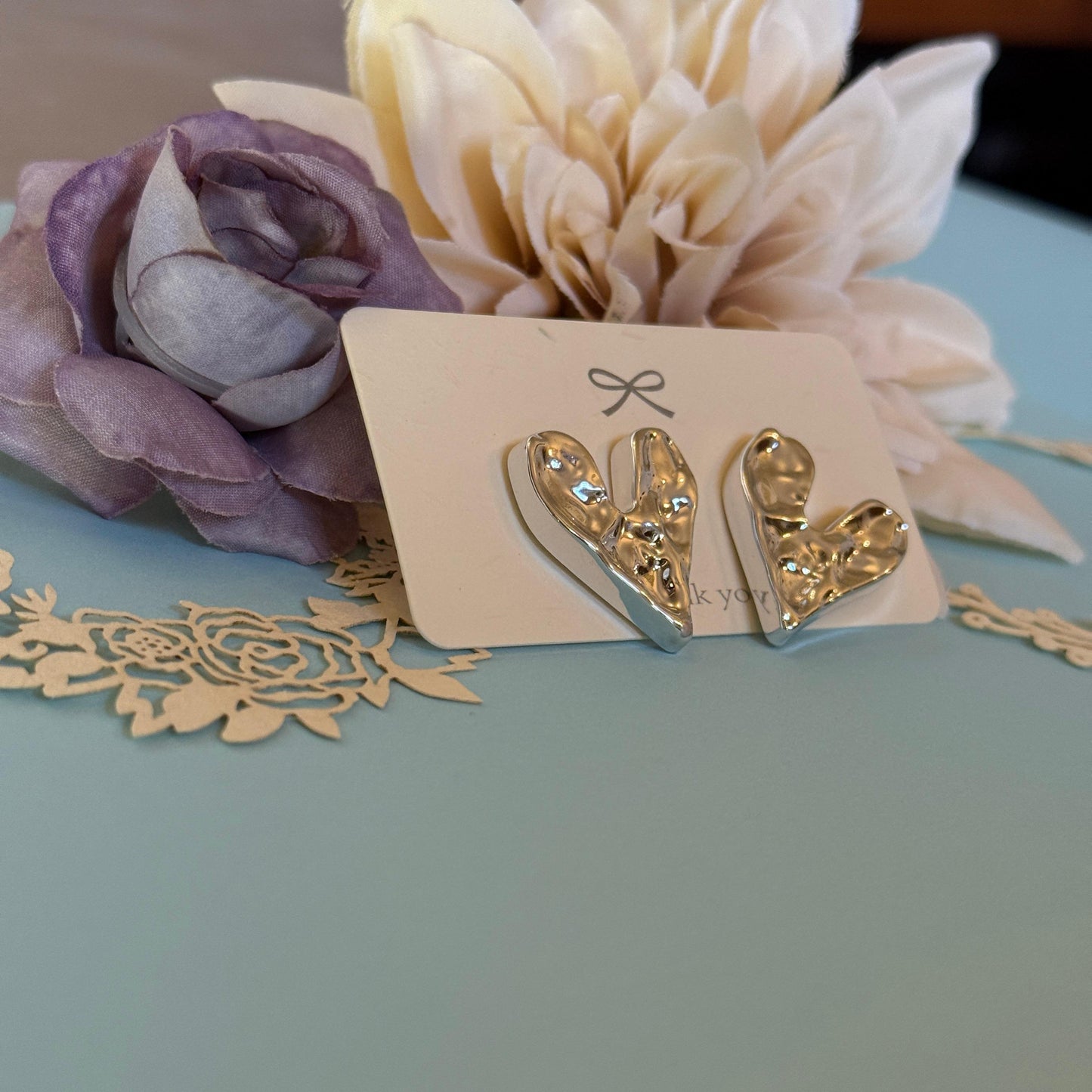 Liquid Metal Heart Stud Earrings - Silver