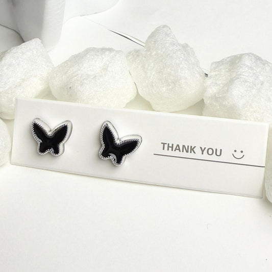 Black and silver butterfly shape enamel stud earrings G3