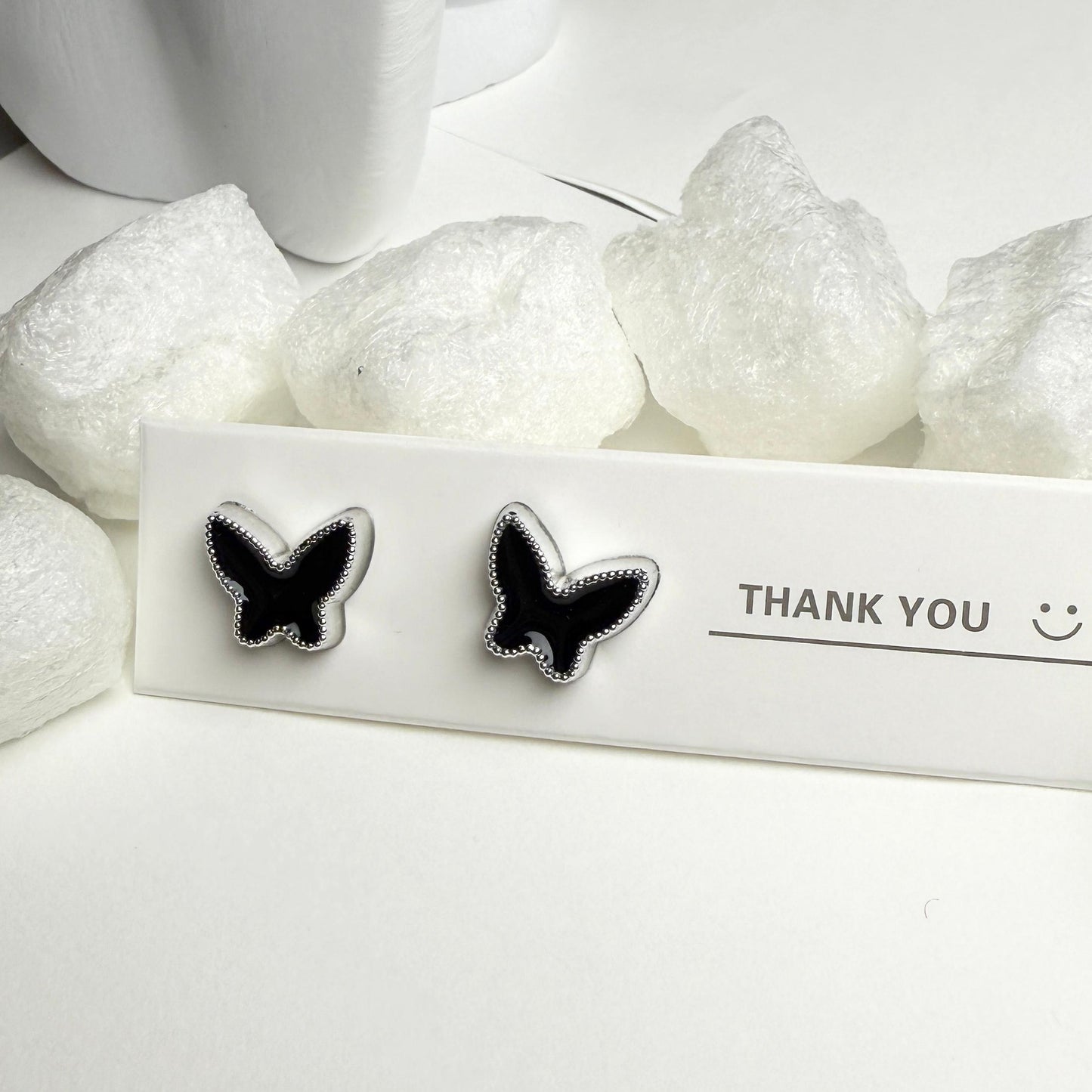 Black and silver butterfly shape enamel stud earrings G3