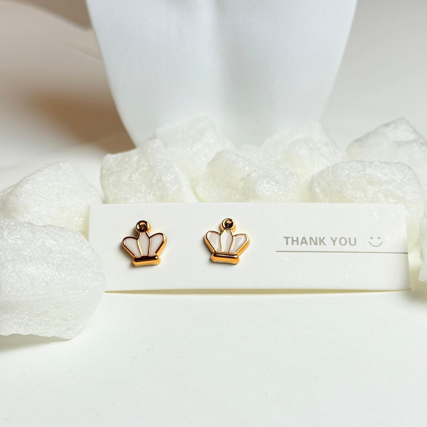 Gold Crown Stud Earrings with White Enamel Details G