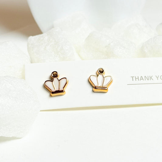 Gold Crown Stud Earrings with White Enamel Details G