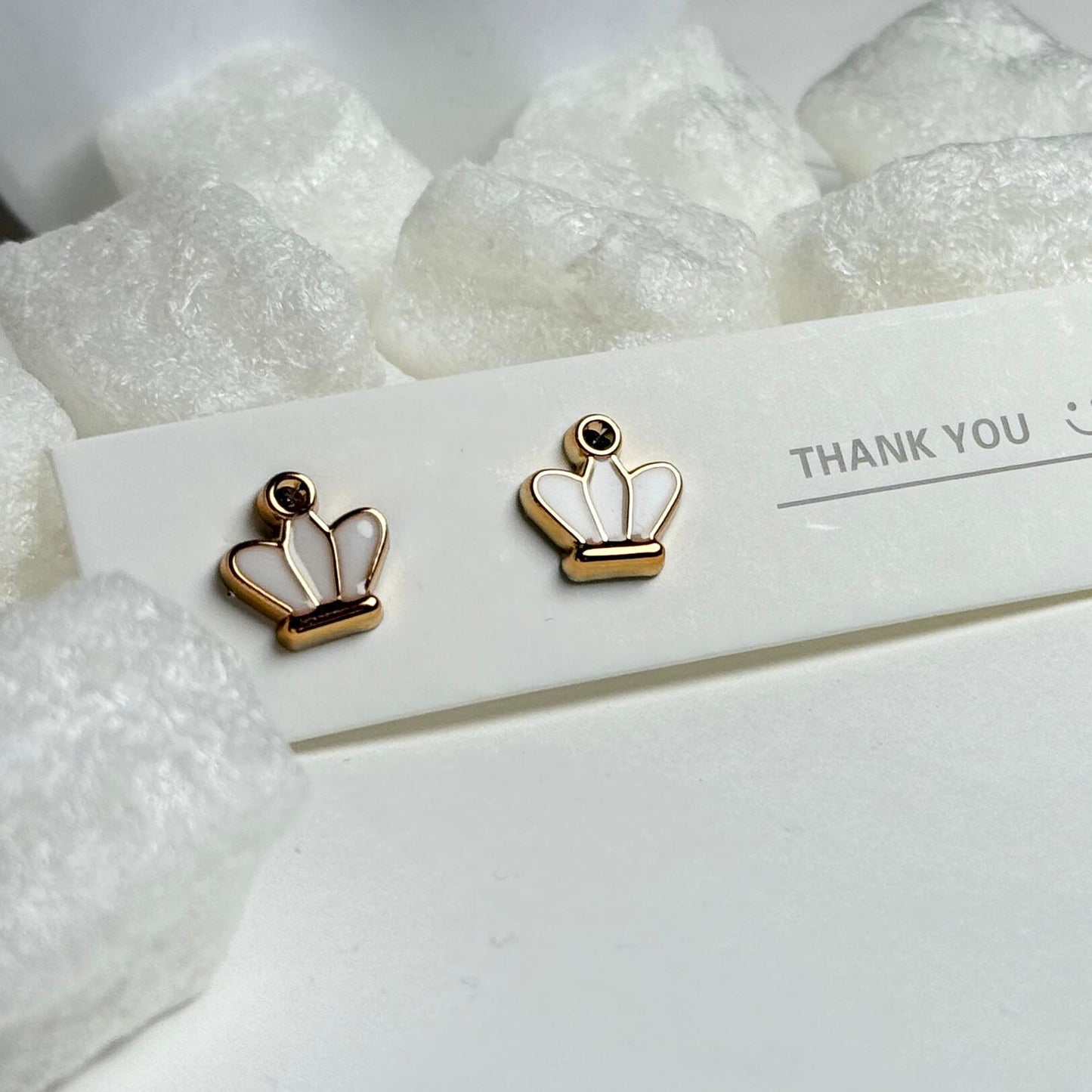 Gold Crown Stud Earrings with White Enamel Details G