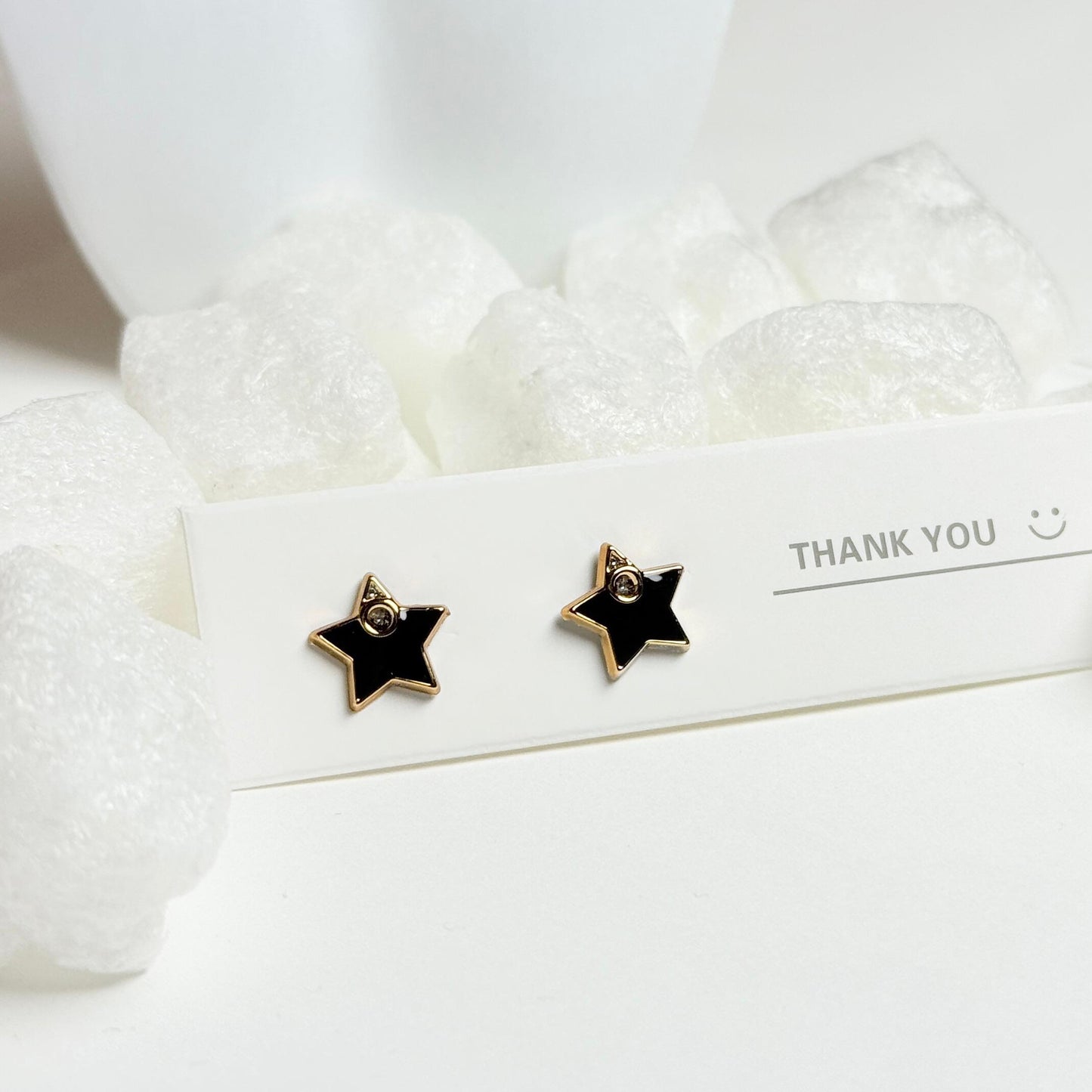 Black Star Stud Earrings with Gold Trim and Crystal Accent G
