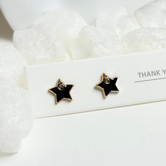 Black Star Stud Earrings with Gold Trim and Crystal Accent G