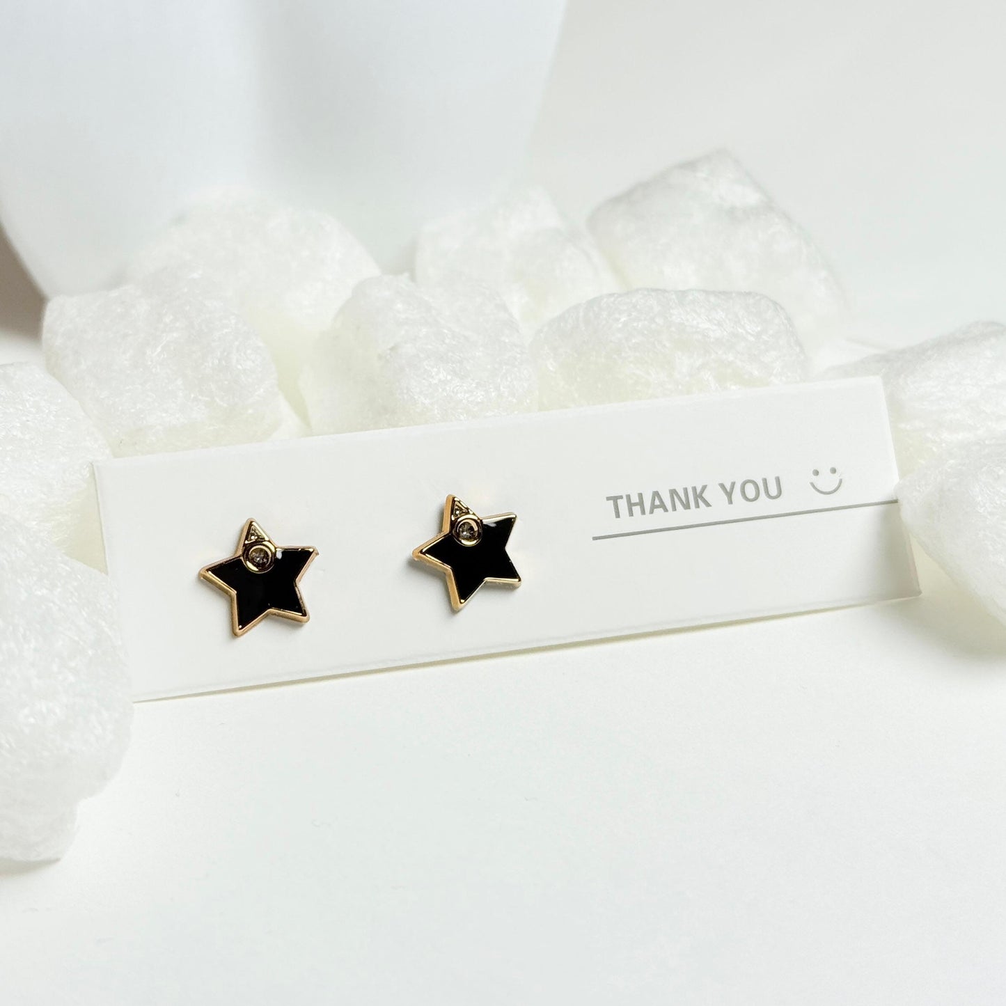 Black Star Stud Earrings with Gold Trim and Crystal Accent G