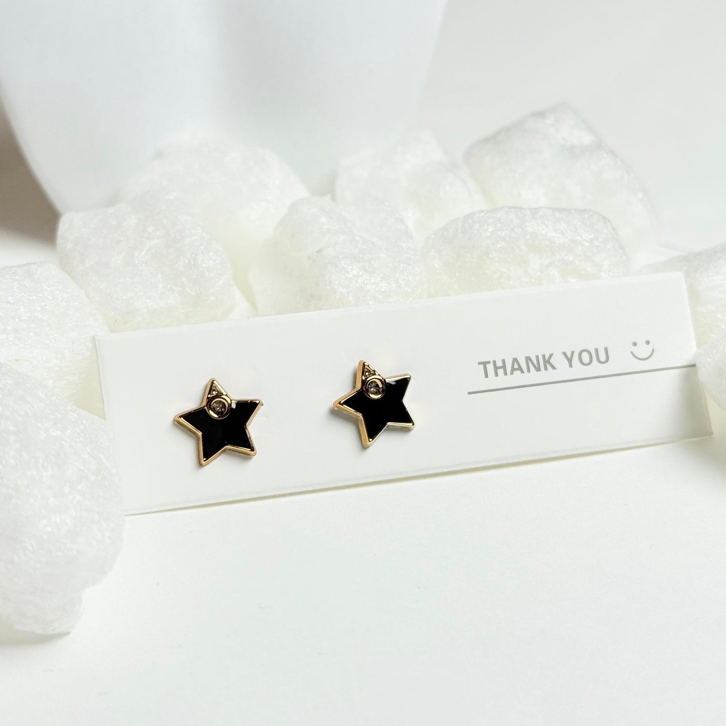 Black Star Stud Earrings with Gold Trim and Crystal Accent G
