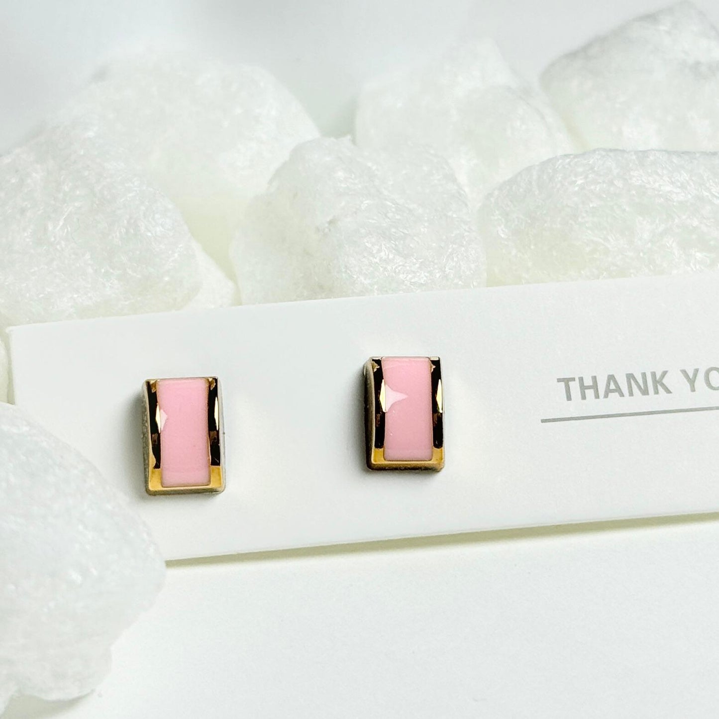 Rectangular Pink Enamel Stud Earrings with Gold Trim G