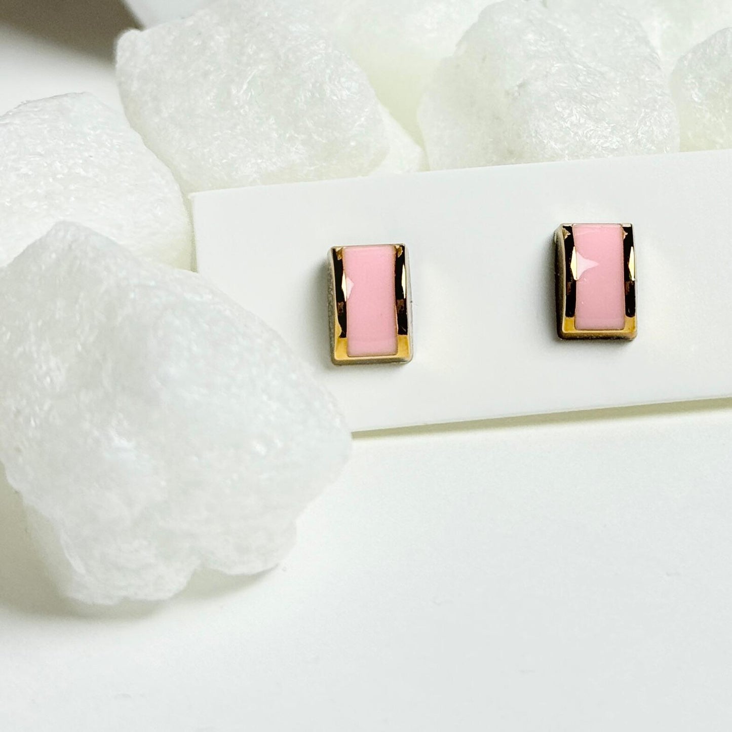 Rectangular Pink Enamel Stud Earrings with Gold Trim G