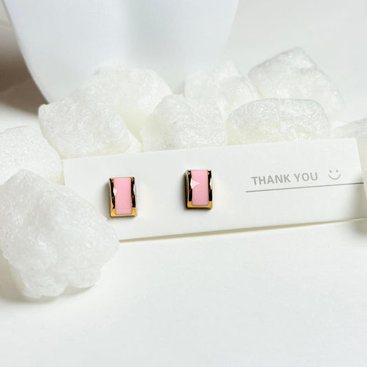 Rectangular Pink Enamel Stud Earrings with Gold Trim G