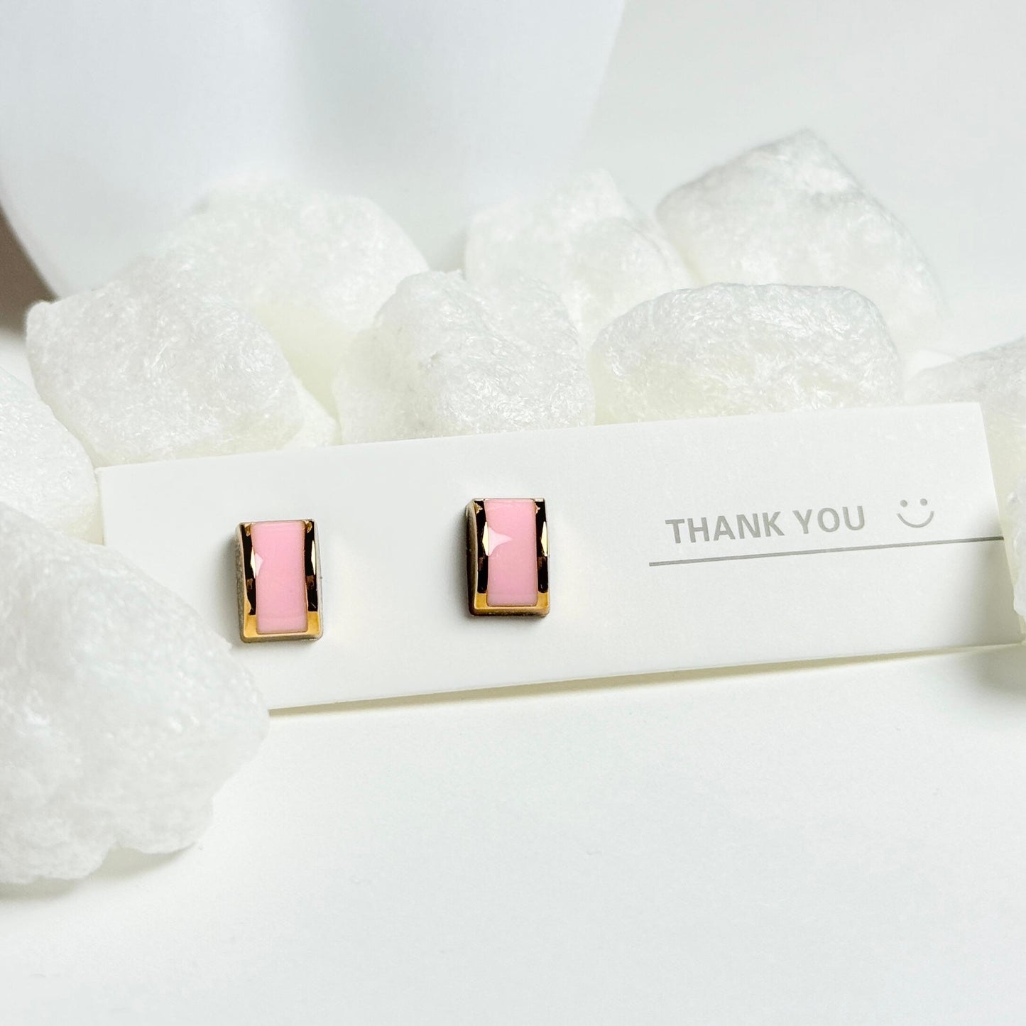 Rectangular Pink Enamel Stud Earrings with Gold Trim G