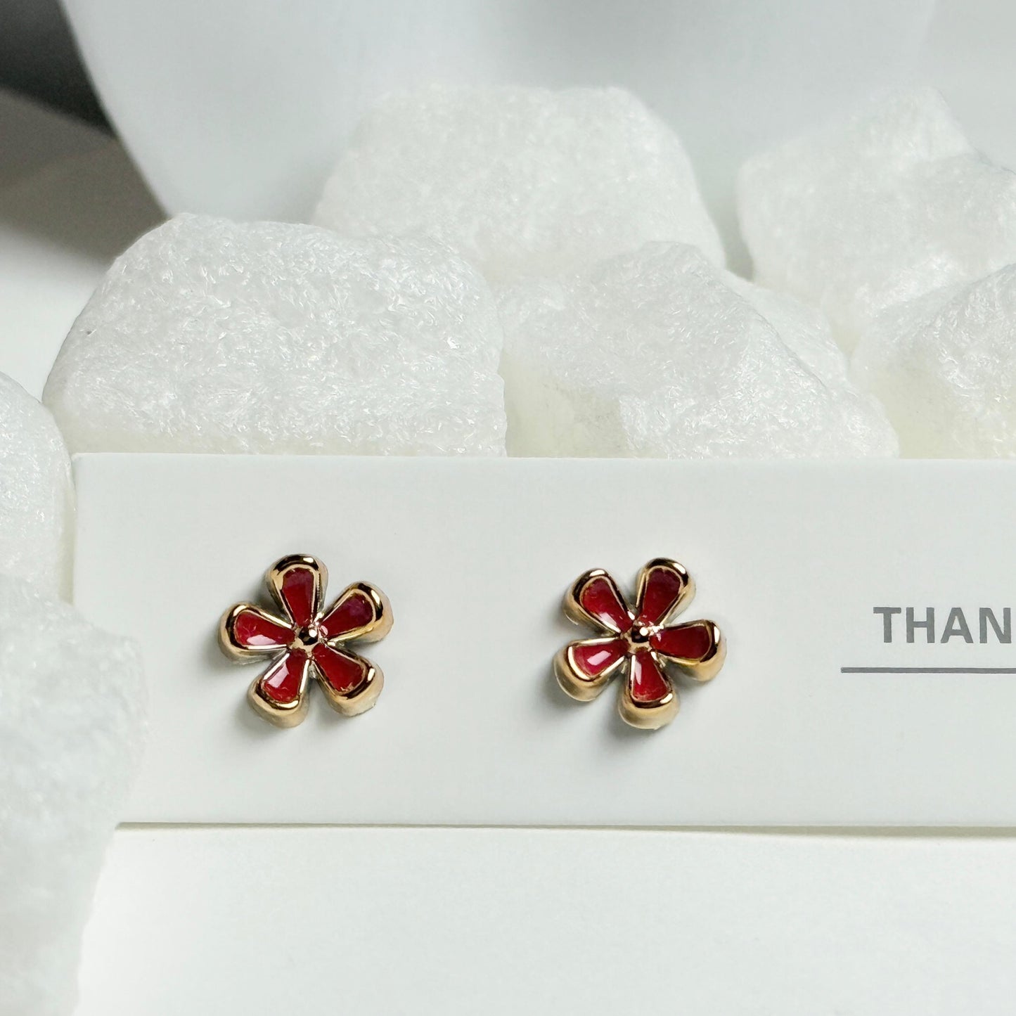 Red Enamel Daisy Flower Golden Stud Earrings G