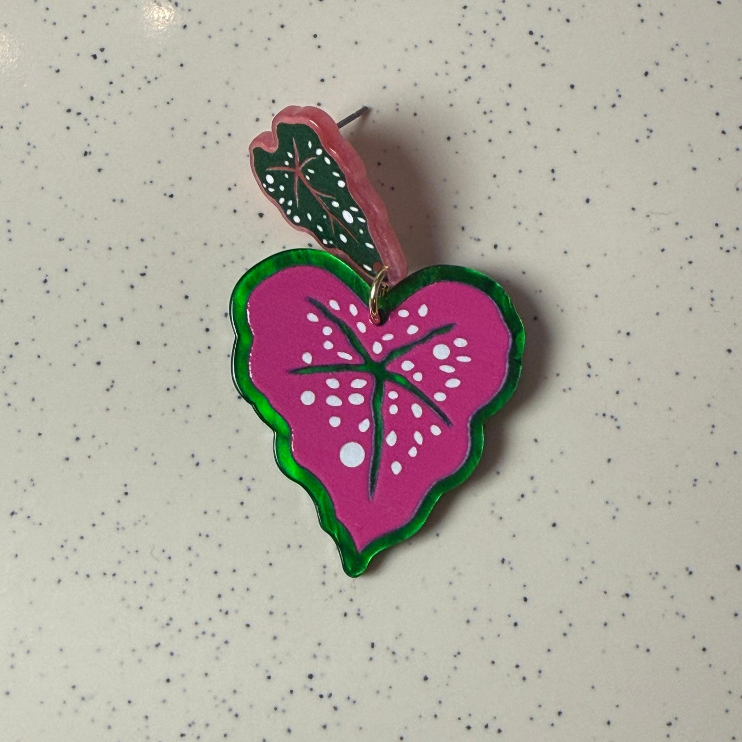Caladium Leaf Drop Earrings - Pink & Green Acrylic