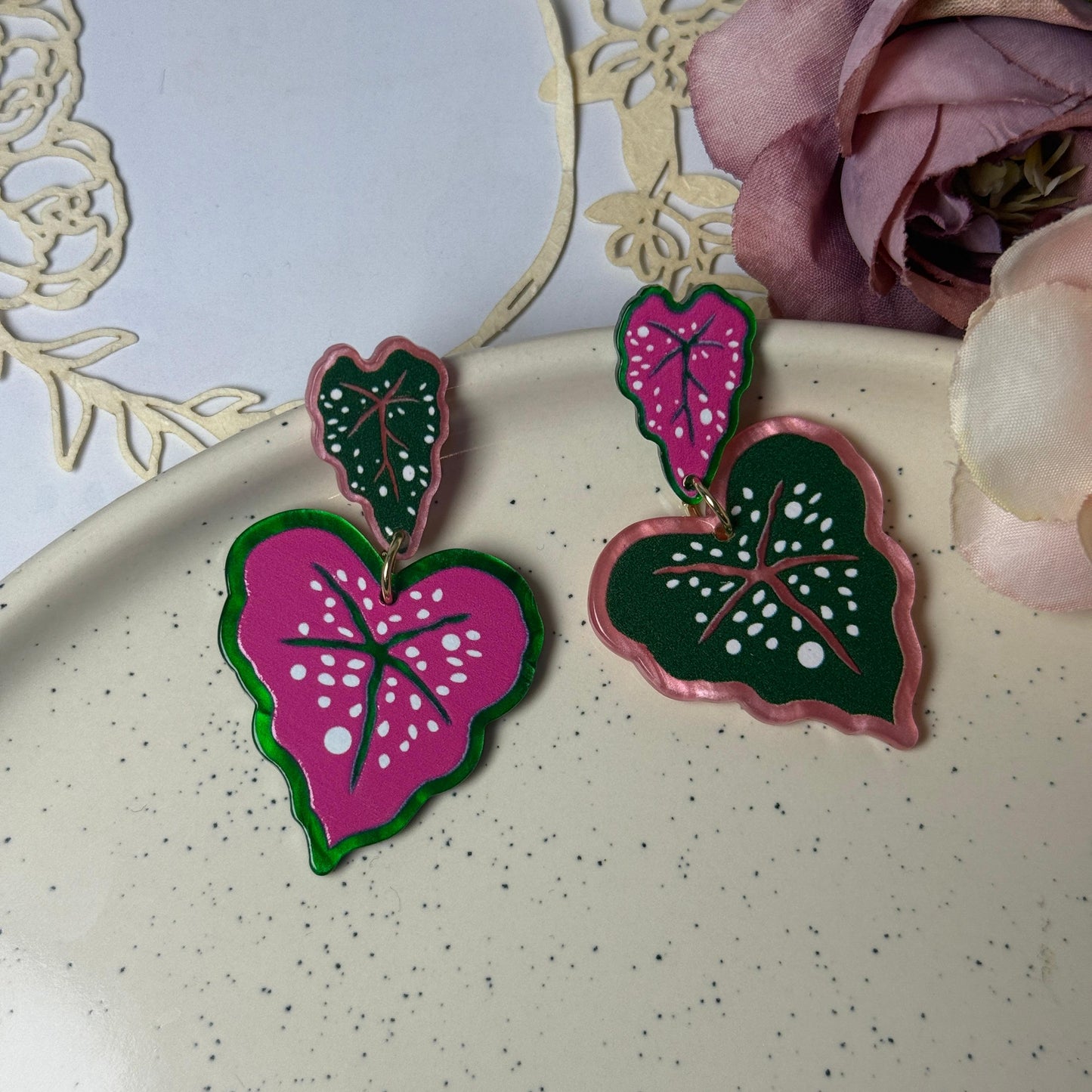 Caladium Leaf Drop Earrings - Pink & Green Acrylic