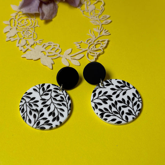 Botanical Leaf Drop Earrings - Black & White