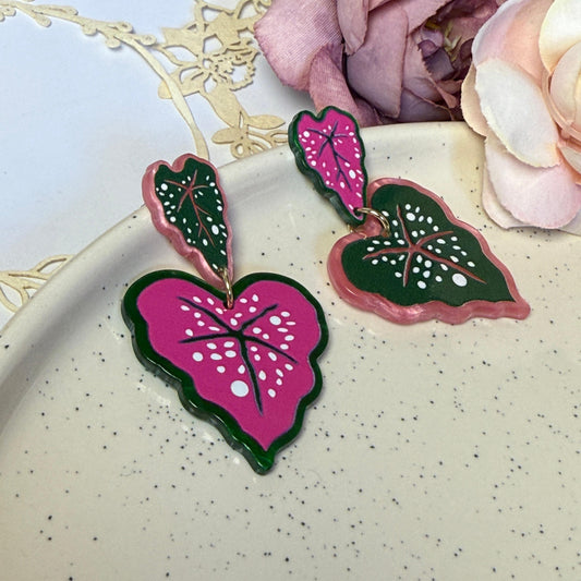 Caladium Leaf Drop Earrings - Pink & Green Acrylic