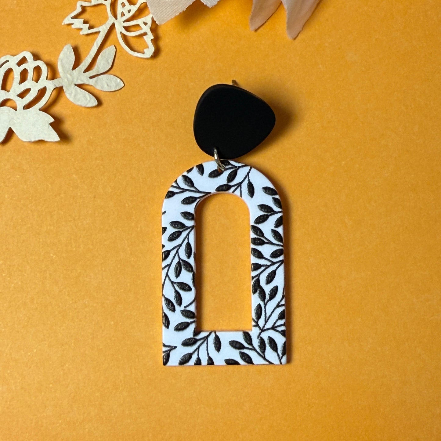 Botanical Arch Drop Earrings - Black & White Acrylic