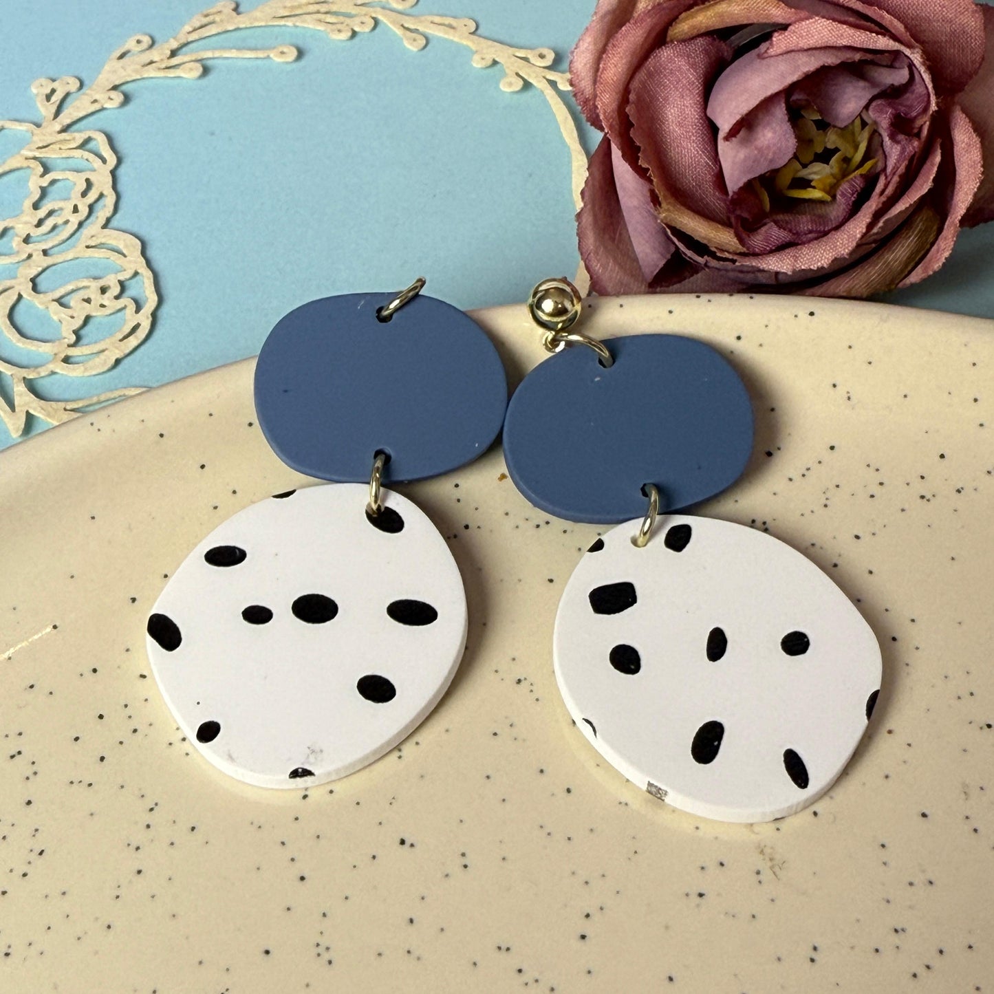 Dalmatian Spot Drop Earrings - Navy & White Acrylic