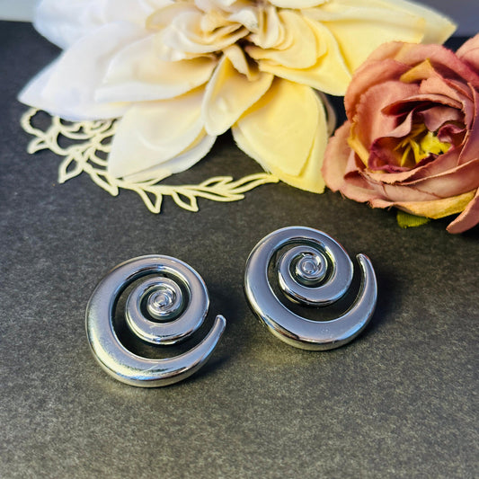 Spiral Wave Stud Earrings - Silver Chrome