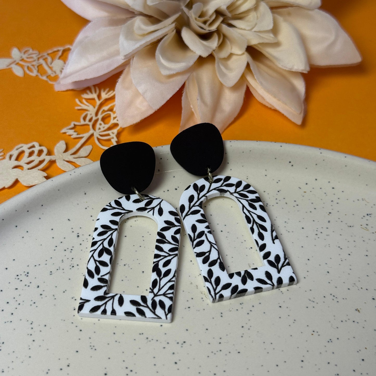 Botanical Arch Drop Earrings - Black & White Acrylic