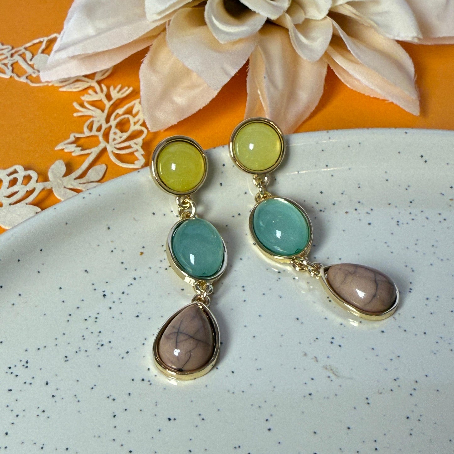 Triple Stone Drop Earrings - Lime, Turquoise & Smoky Quartz