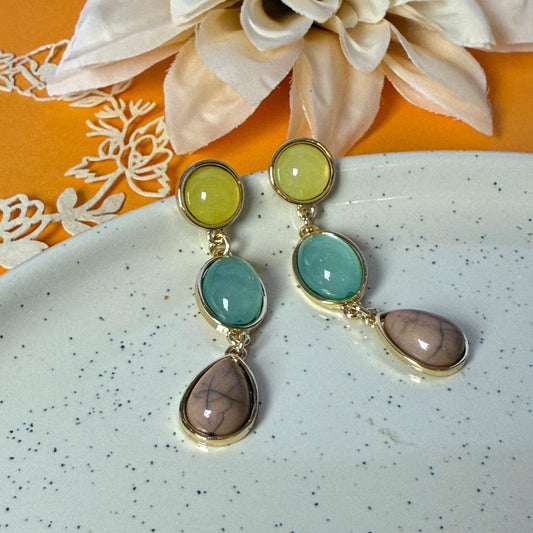 Triple Stone Drop Earrings - Lime, Turquoise & Smoky Quartz