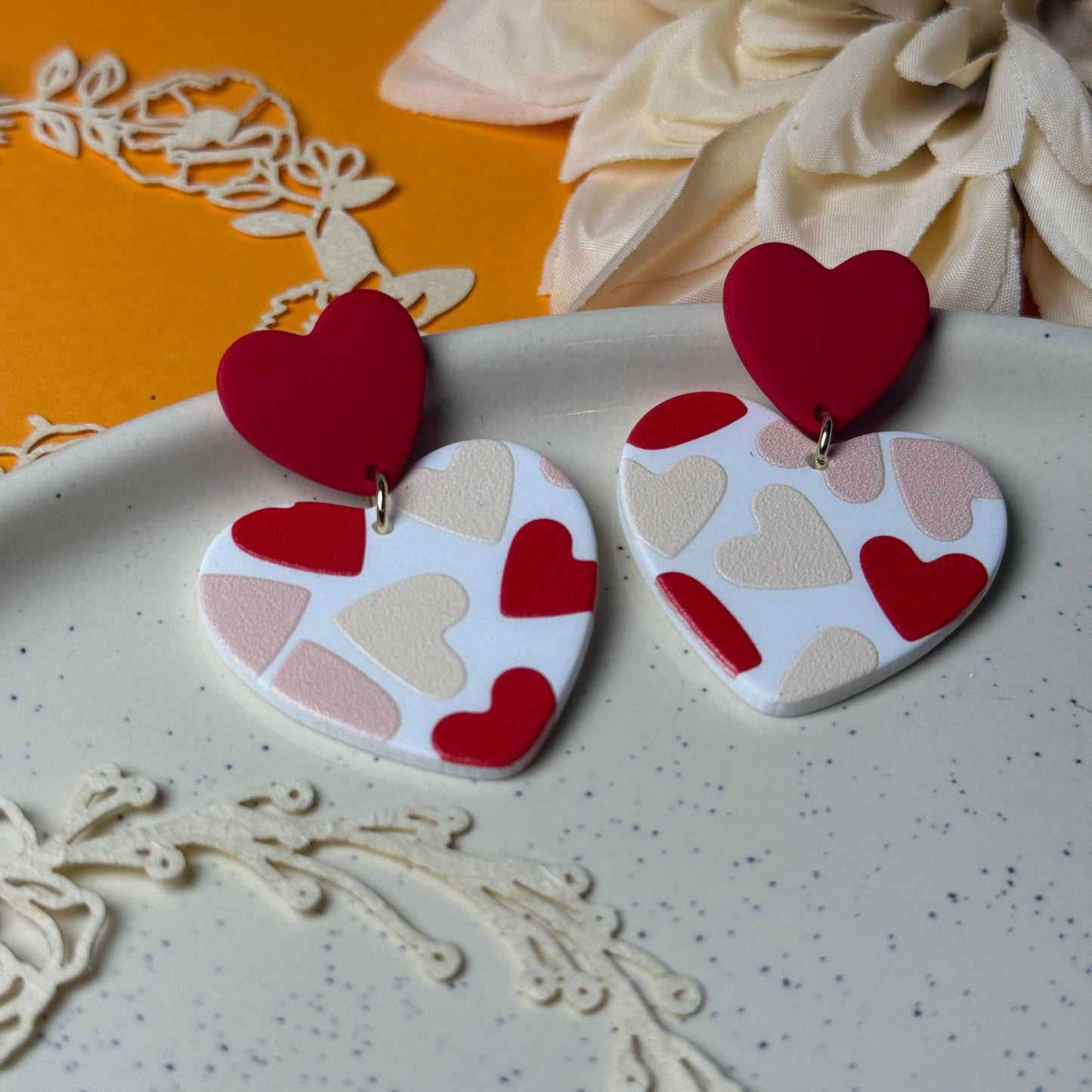 Heart Pattern Acrylic Drop Earrings - Red & Pink