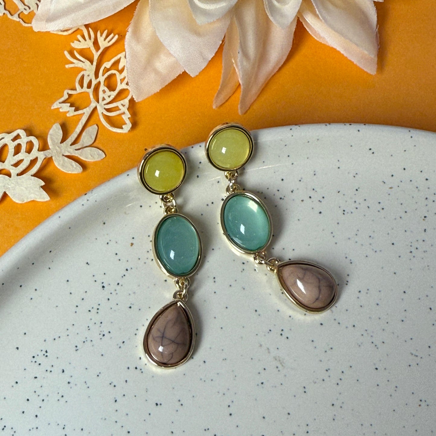 Triple Stone Drop Earrings - Lime, Turquoise & Smoky Quartz