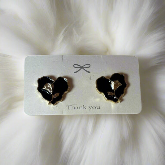 Black Pansy Flower Stud Earrings - Gold Trim
